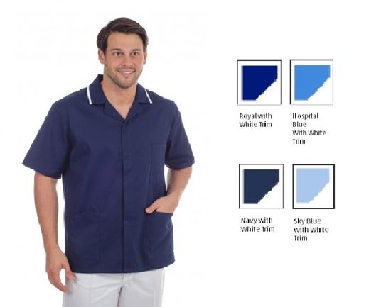 Picture of Mens Stud Front Tunic - Sky Blue with White Trim